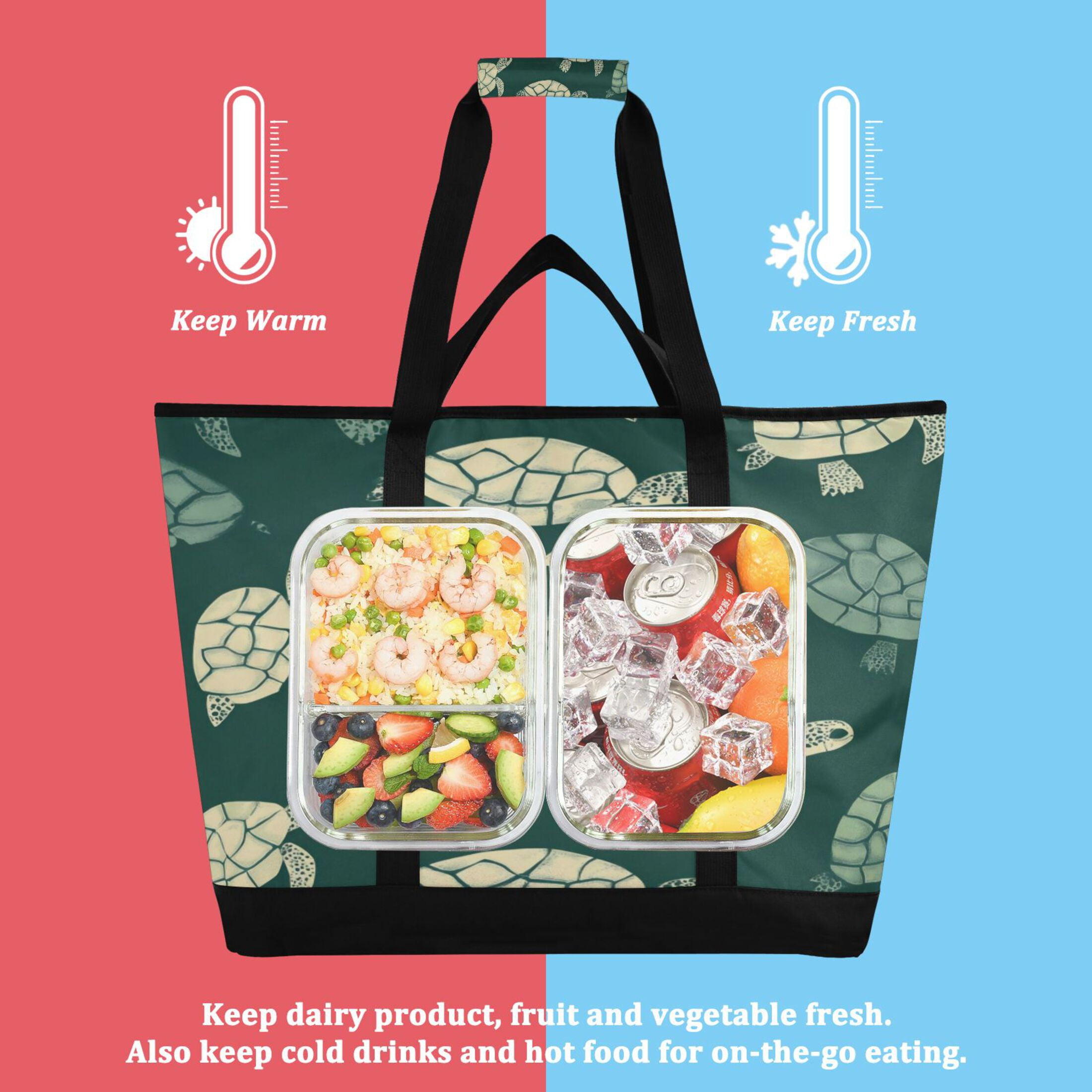 Large Hand-held Ice Pack Picnic Bag Insulation and Refrigeration Suitable for Shopping Picnics and Camping Green Turtle