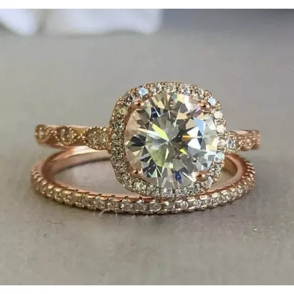 2Ct Round Cut Lab Created Diamond Bridal Set Women Wedding Ring 14K Rose Gold Plated 925 Silver