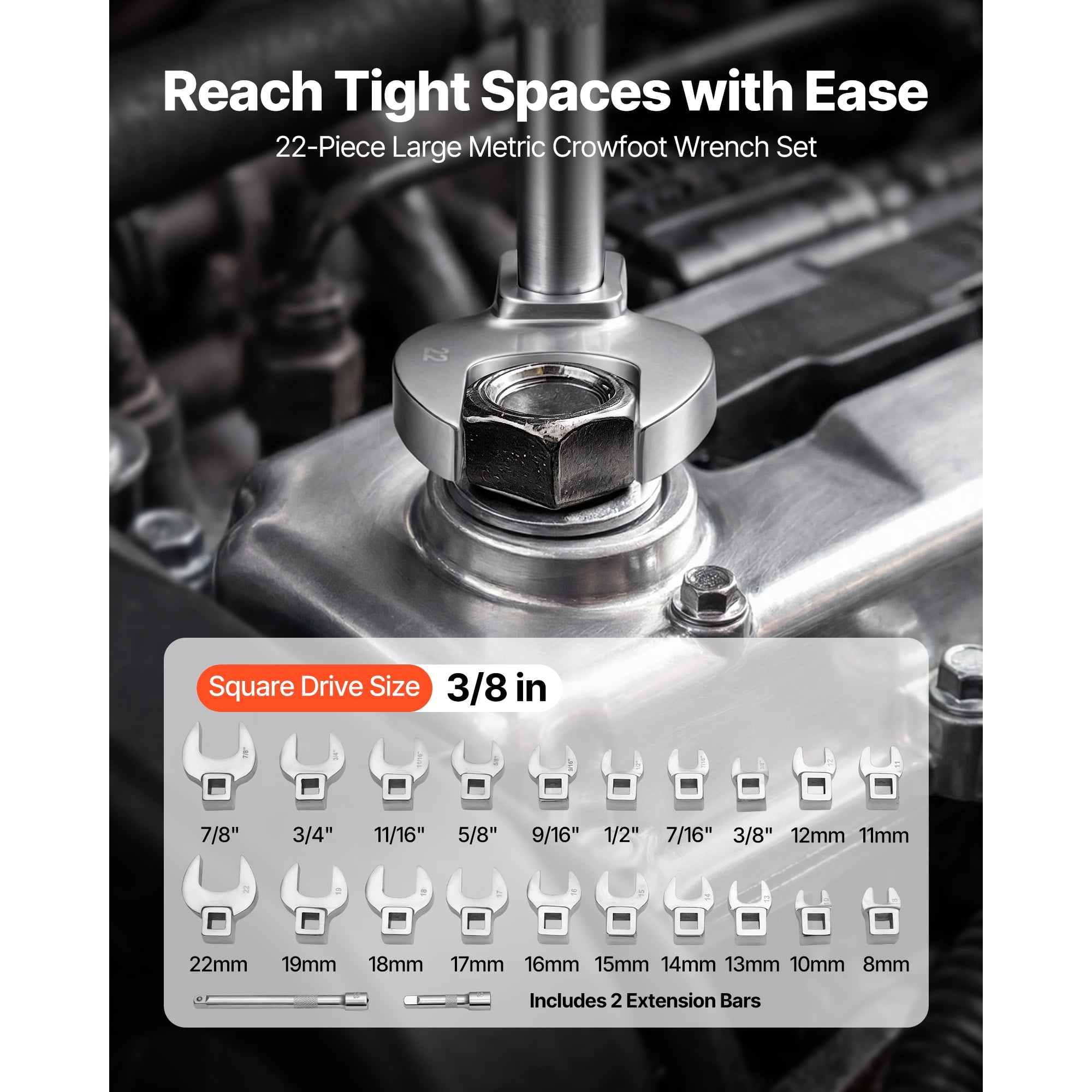KFFKFF 22-Piece Crowfoot Wrench Set, 3/8" Drive, Metric and SAE Sizes, Cr-Mo Alloy Steel, Includes Storage Tray, Dual Markings on Tools and Tray, Ideal for Automotive Maintenance and Repairs
