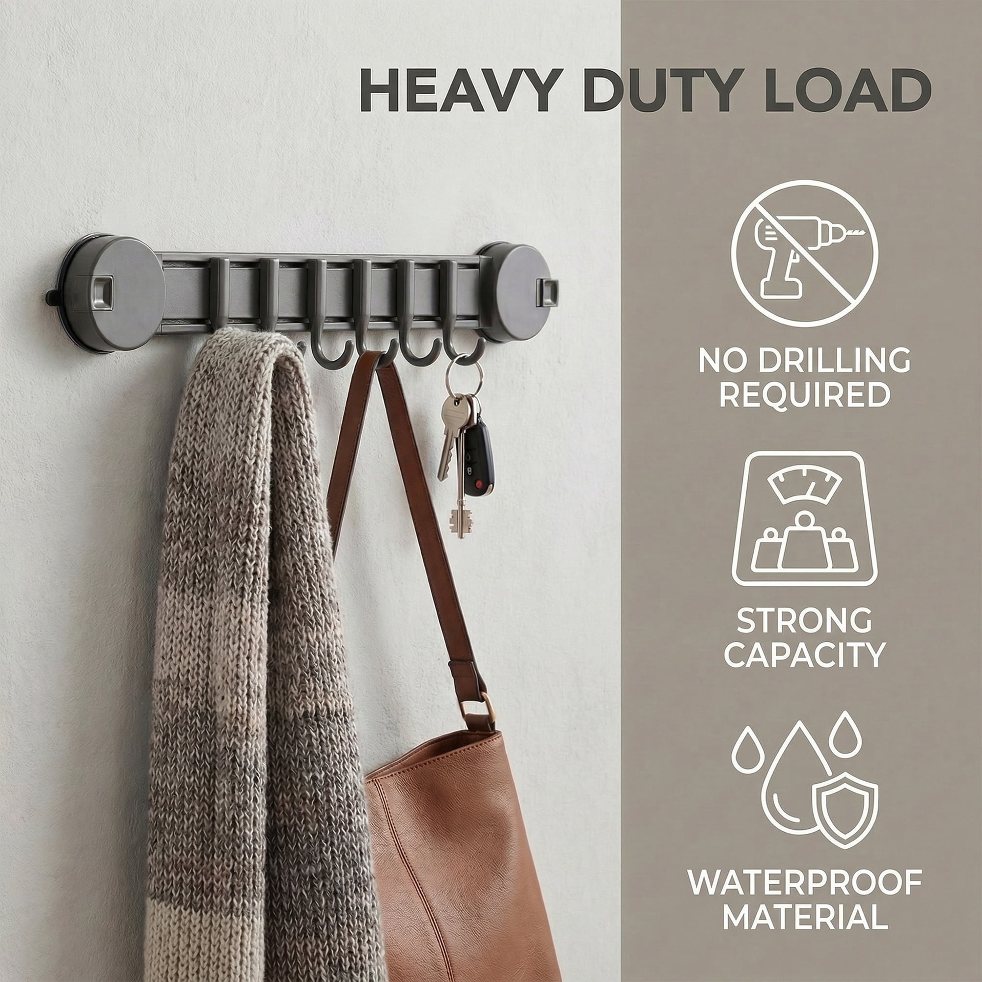 Unique Bargains Coat Rack Wall Mount Suction Cup 6 Hooks for Entryway Gunmetal gray