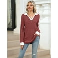 thumbnail image 4 of Women'S V Neck Sweaters Pullover Color Block Collar Long Sleeves Loose Fit Casaul Tunic Tops Shirts Rust Red M, 4 of 9