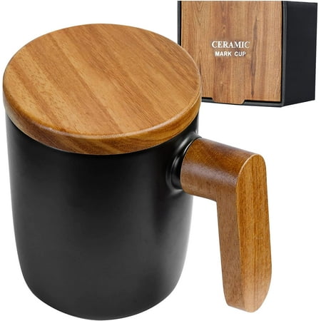

Rush Ceramic Coffee Mug with Wooden Handle and Lid Mug for Couples Vintage Ceramic Mug Gift for Men and Women 12oz Black S913