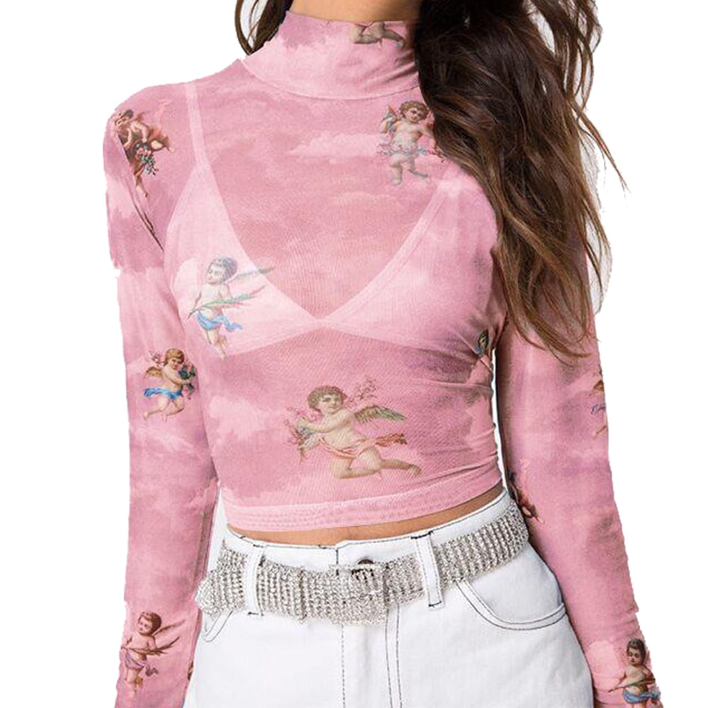 long sleeve pink mesh top