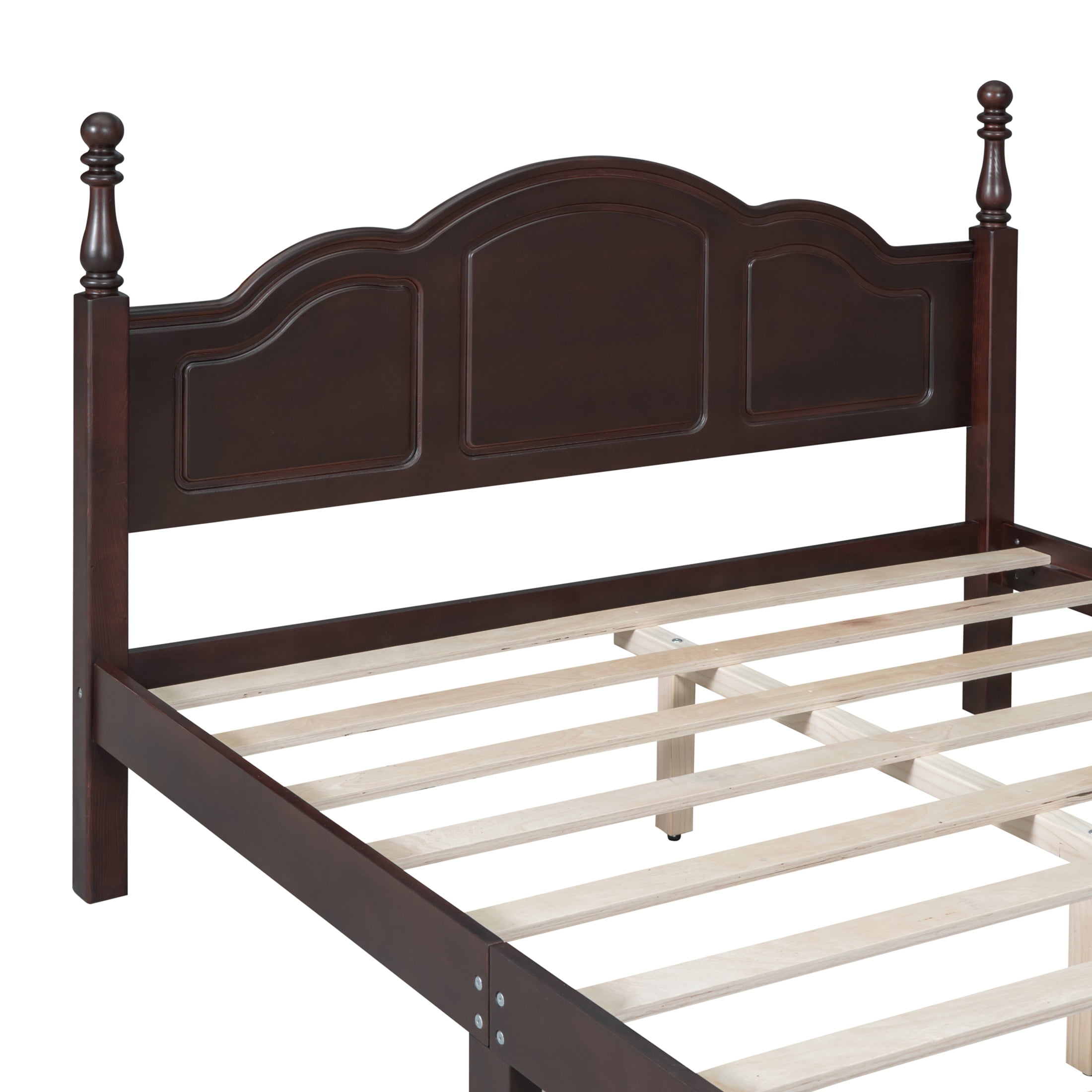Noble House Queen Size Platform Bed with Retro Wave Headboard, Wooden Slat Support, Walnut