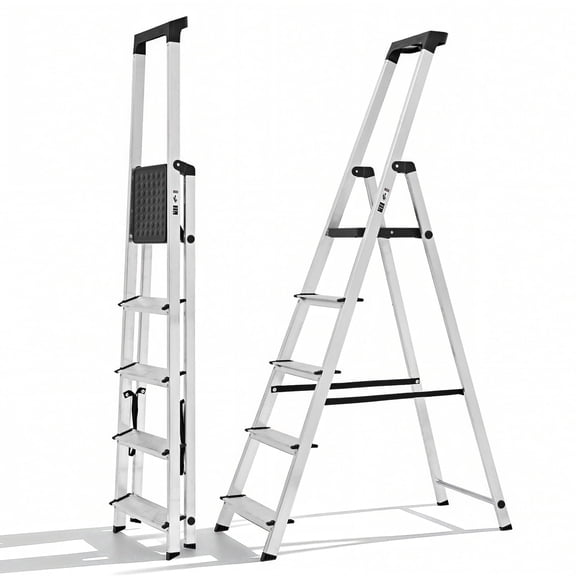 JIOABL 5-Step Aluminum Folding Ladder, 330 lbs Capacity with Wide Non-Slip Steps, Steel Platform, Slim Fold Design