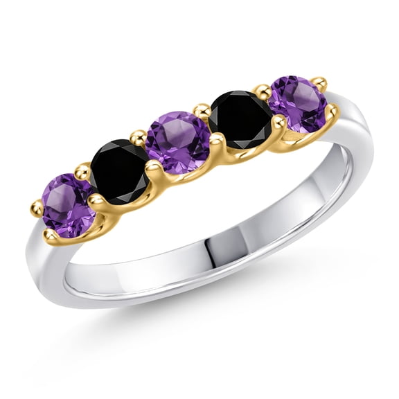 Gem Stone King 10K Two Tone Gold Purple Amethyst and Black Diamond Wedding-Bands Ring for Women | 0.82 Cttw | Round 3.5MM | Gemstone February Birthstone | Size 5