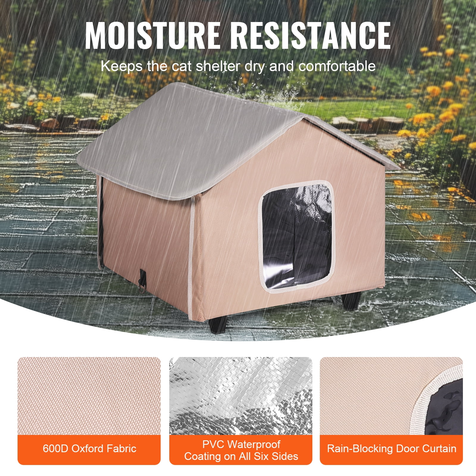 VEVOR Elevated Heated Cat House, Outdoor Kitty Shelter with Timer, 600D Oxford Cloth Foldable Cat Shelter with Heated Pad for Winter to Stay Warm and Cozy, Brown (Middle)