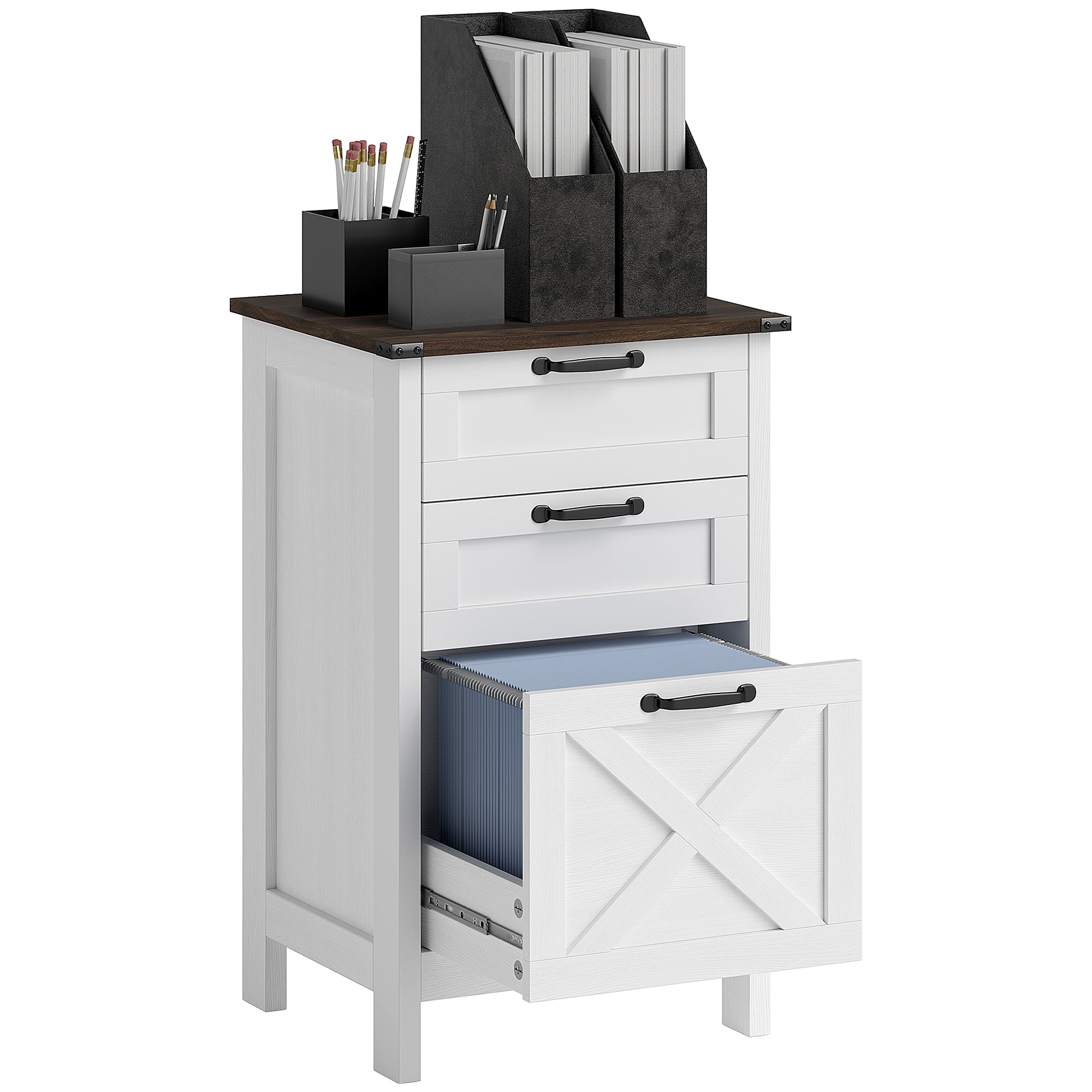 HOMCOM 3 Drawer File Cabinet, Filing Cabinet for Hanging A4/Letter Size, Farmhouse Printer Stand with Storage for Home Office, Distressed White