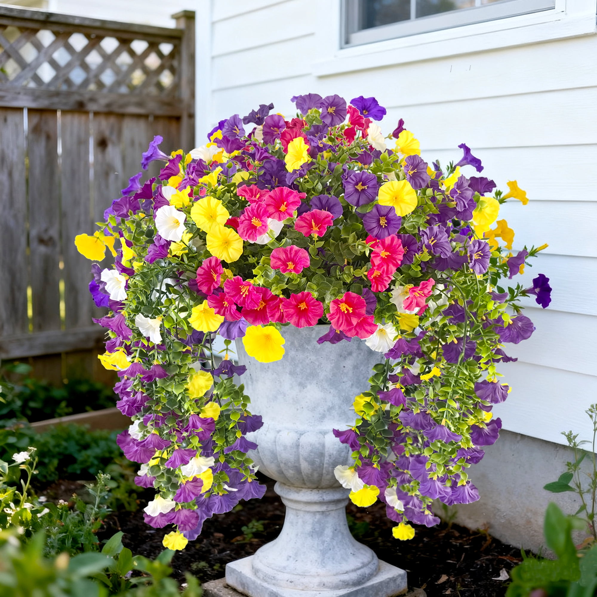 4pc Artificial Hanging Flowers for Outdoors, Artificial Plants Outdoor Faux Plants UV Resistant 5 Colors,Realistic Fake Faux Silk Flowers for Porch Planter Patio Yard