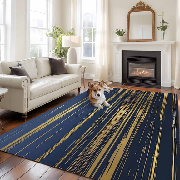 Blue Gold Lines Large Area Rugs 8x10 ft Strip Abstract Modern Washable Rug Non Slip Indoor Carpet Absorbent Floor Mat for Living Room Bedroom Dining Room