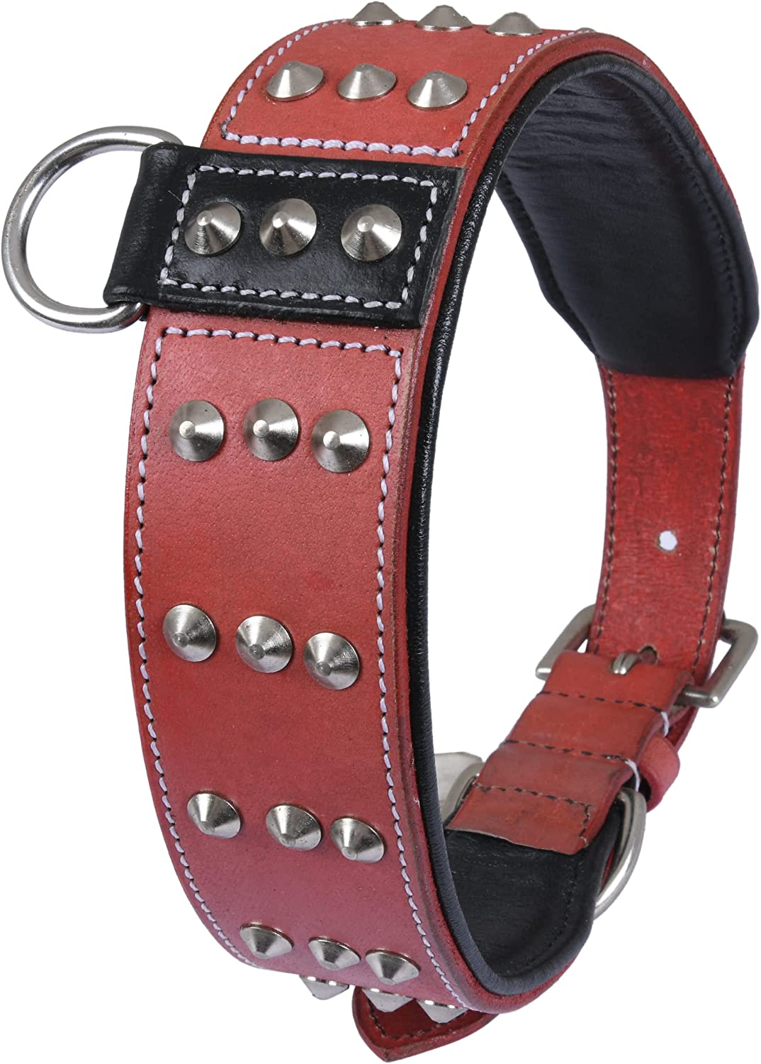 DowgClub | Genuine Leather Dog Collar with Riveted Spikes | Saddle Grade, Full Grain, Heavy Duty | Comfortable, Cushion Padding Inside, Strong | Best for Medium, Large, XL Breeds
