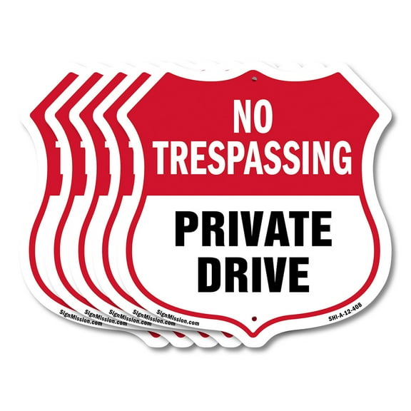 No Trespassing Shield Sign Private Drive (5 Pack) 12 inch X 12 inch Shield-Shaped Rust-Free Aluminum Metal Signs Weather Resistant, UV Protected for Workplace Made in the USA