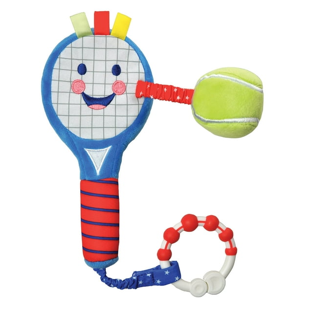 BABY TENNIS RACKET by Little Sport Star, a plush tennis racket for babies and infants. The racket has a blue frame with a smiling face on the string area, colorful ribbon accents, and a red-striped handle. It includes a soft yellow tennis ball with a red grip and a sensory ring with red and white beads. Designed as an activity and sensory toy to encourage play and development.