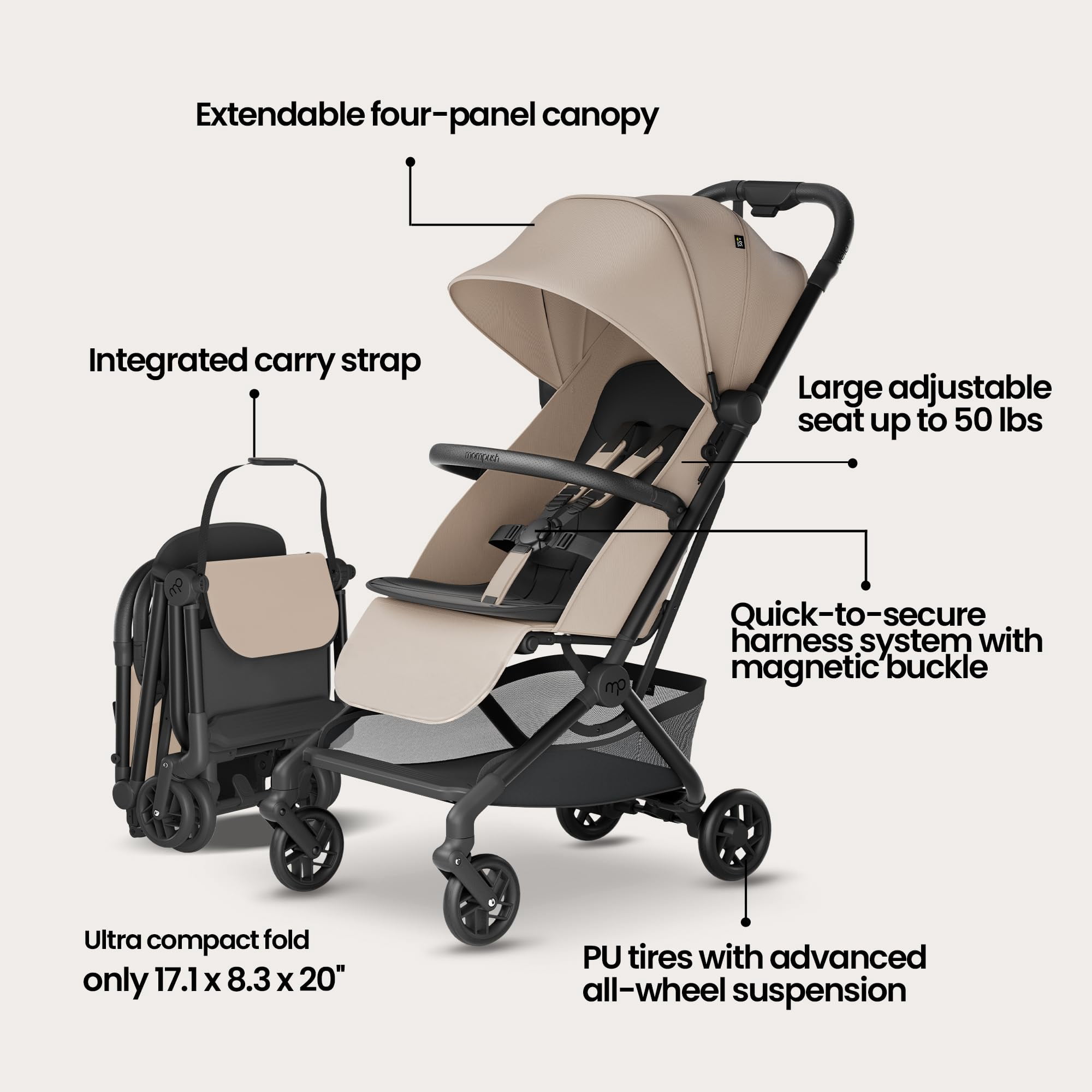 Mompush Velo Lightweight Travel Stroller with Lie-Flat Recline Seat, Airplane Friendly, Khaki, 18.8 LB, Unisex