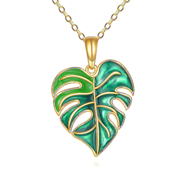 Tropical Monstera Pendant Necklace Bohemian Enamel Green Leaf Jewelry for Women Sterling Silver Boho Vaction Jewelry