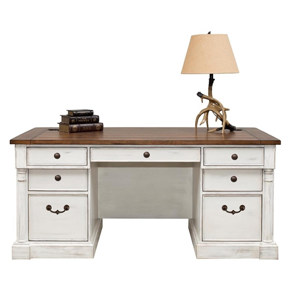Pemberly Row Rustic Wood Double Pedestal Executive Desk w/ Power Center in White