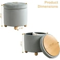 thumbnail image 2 of Round Storage Ottoman with Tray, Modern Tufted Fabric Foot Rest Ottoman with Wooden Spherical Feet Round Vanity Stool for Living Room, Bedroom, Grey, 2 of 15