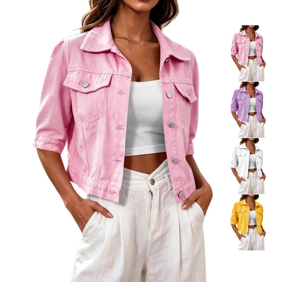 TGSLY Half Sleeve Cropped Denim Jacket for Women Lightweight Collared Solid Color Denim Coat Oversized Casual Button Down Jean Gilet with Pocket XXXL