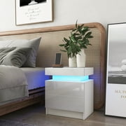 High Gloss Nightstand, 2 Drawers Bedside Tables RGB LED Bedroom Cabinet - 17.71 x 13.78 x 20.47 Inches