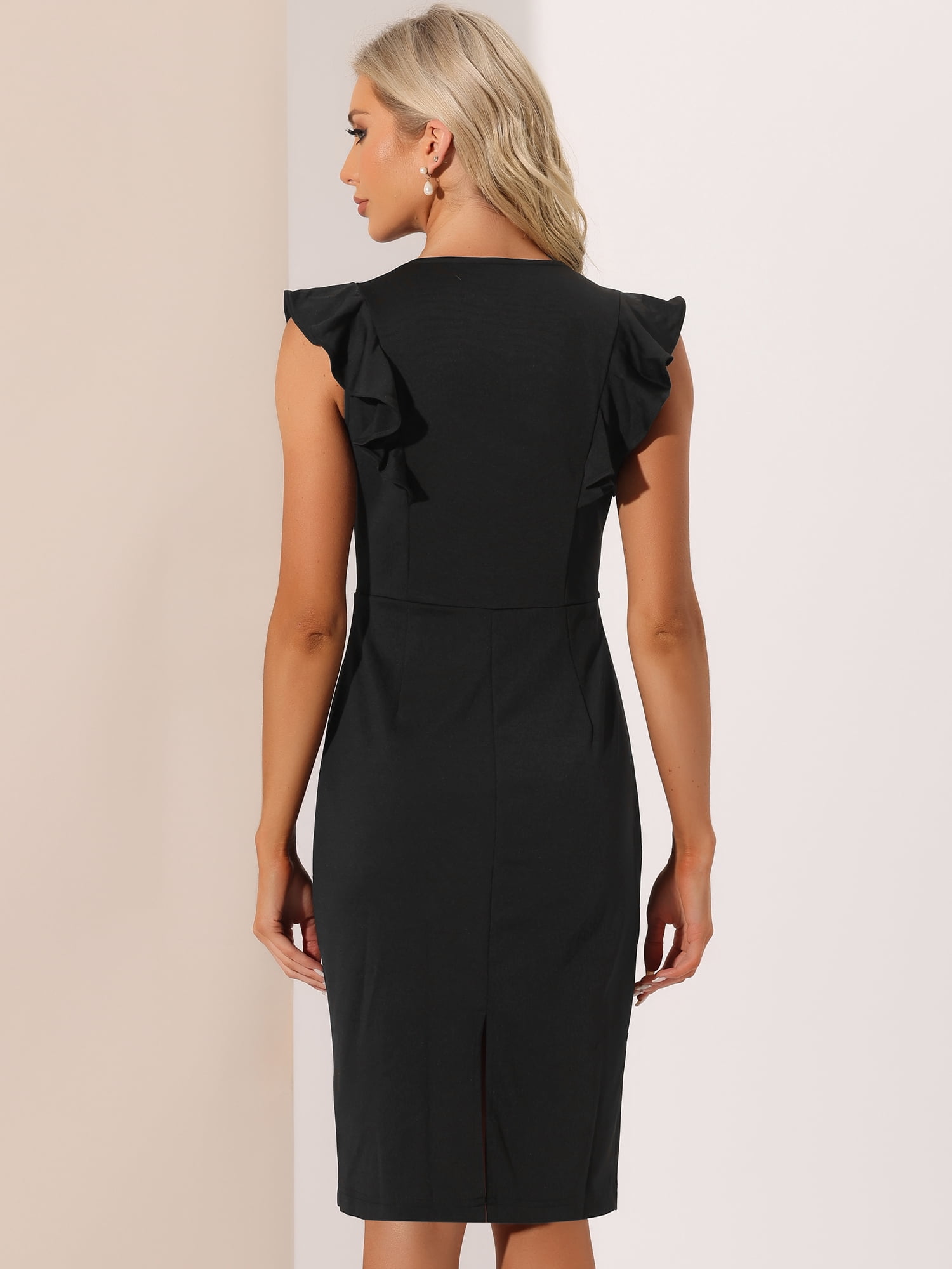 DARING DIVA Sheath Ruffles V Neck Split Work Pencil Dress S Black