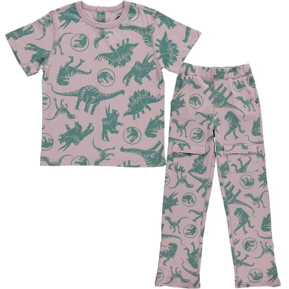 Jurassic Park Boys Adaptive T-Shirt & Cargo Sweatpants Set, Dinosaur Adventure Clothing Little and Big Boys Sizes, Vino/Light Purple, X-Small