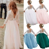 URMAGIC 3-12Y Child Girls Eyelash Lace Deep V Back Wedding Dress Teen Girl Tulle Full-length Straight Gown Dress