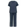 thumbnail image 5 of REORIAFEE Travel Outfits for Women Spring Outfits Casual Women's Summer 2 Piece Lounge Matching Sets Outfits Linen Round Neck Short Sleeve Tops Long Pants Tracksuits Suit Navy S, 5 of 5