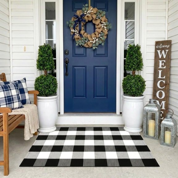 Buffalo Rug 2'4''x3'7'' Black White Reversible Washable Hand-Woven Mat for Indoor Outdoor Entryway Patio Porch Decor