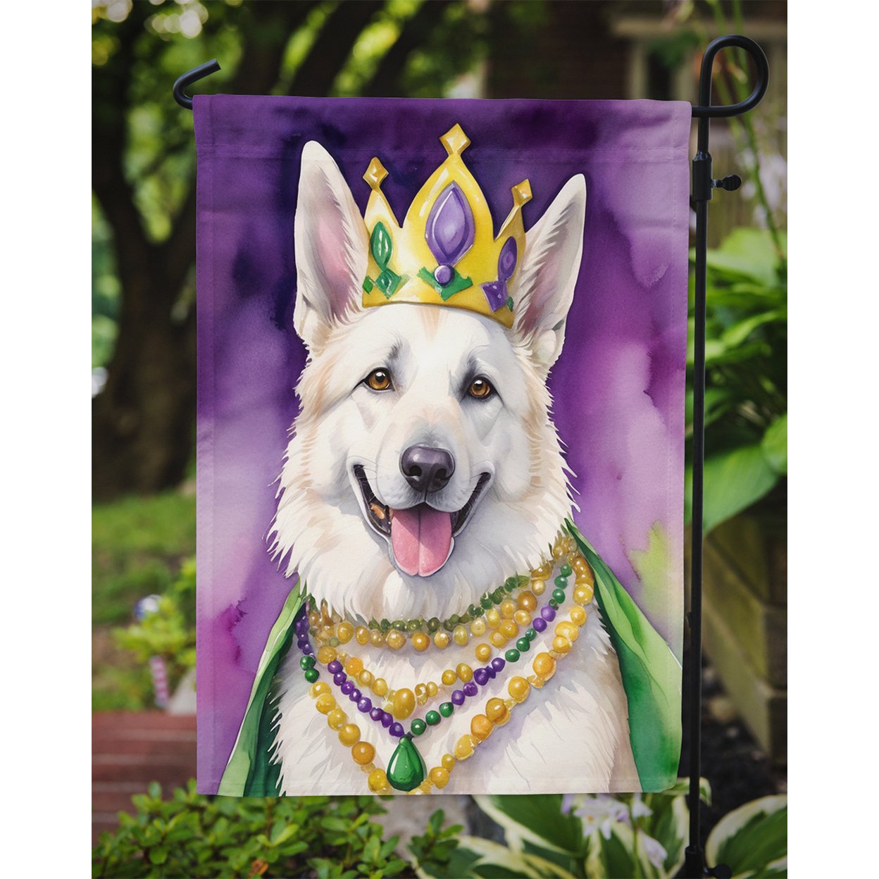 White German Shepherd King of Mardi Gras Garden Flag 11.25 in x 15.5 in