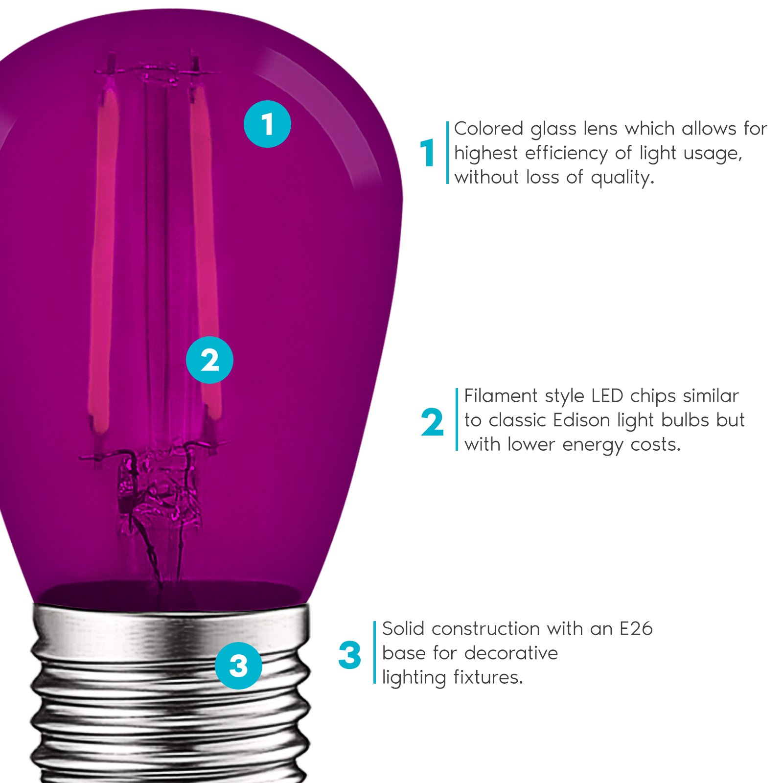 Luxrite S14 Edison LED Purple Light Bulbs 0.5W Colored LED Bulbs for Outdoor  String Lights UL Listed E26 Base Pack