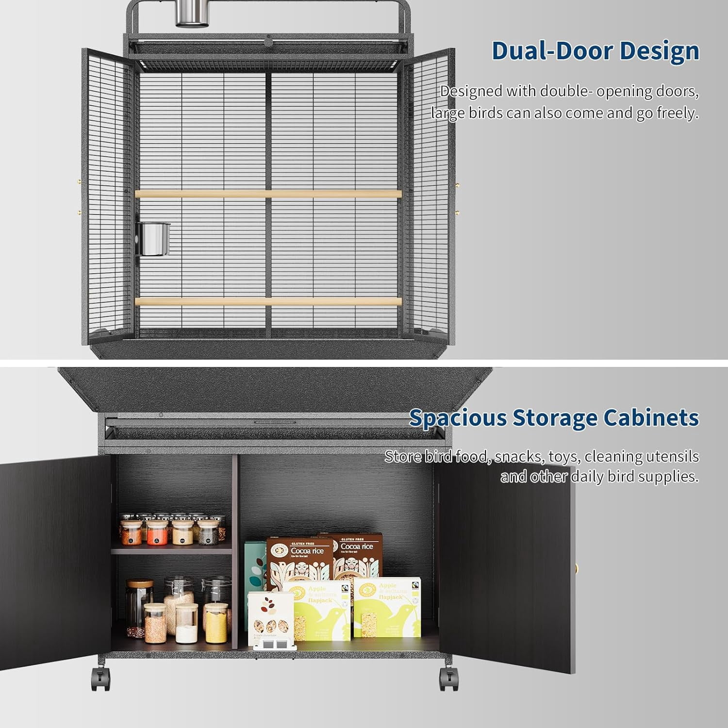 Rugerasy Large Rolling Metal Bird Cage with Play Top,Heavy Duty,Escape-Proof,Easy-Clean Tray,Storage Cabinet,Stand & Wheels,Black