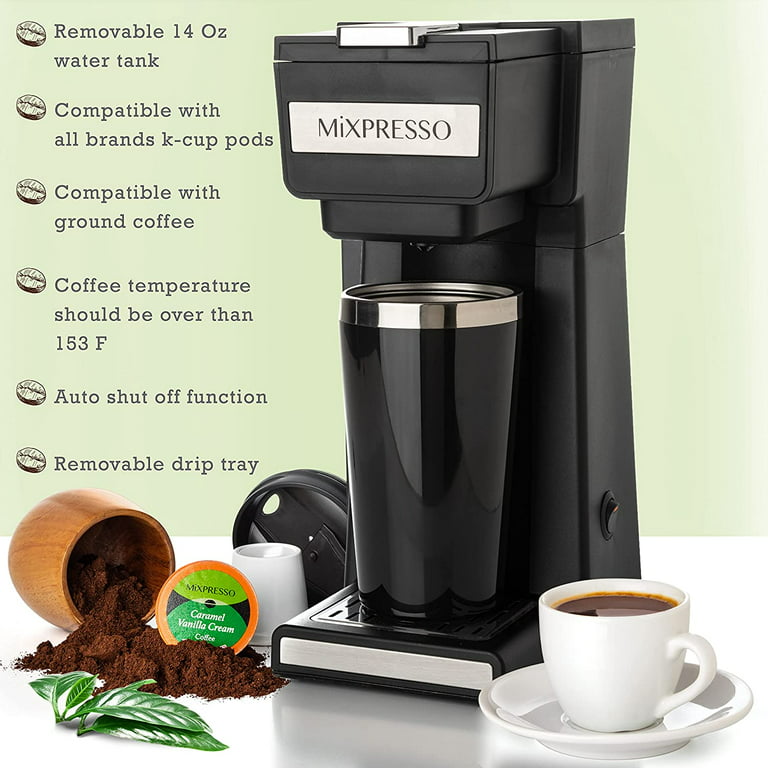 Mixpresso Coffee Maker Single Serve For Ground Coffee & Compatible With K  Cup Pods With 14oz Travel Mug & Reusable Filter For Home Office &  Camping. 