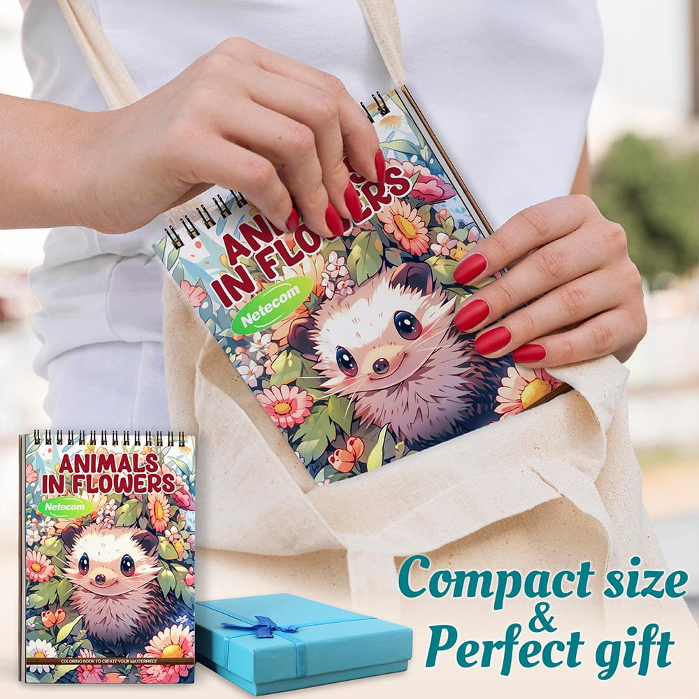 Netecom Animals in Flowers Coloring Book Spiral Bound For Adults, A5 Wooden Cover, 30 Beautiful Coloring Pages of Cute Animals and Vibrant Flowers for Stress Relief