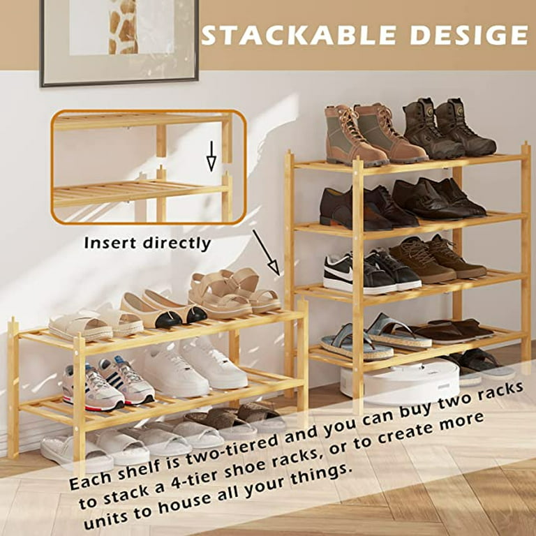 Shoe Rack 3 Tier, Natural Bamboo Stackable Shoe Shelf Shoe Storage