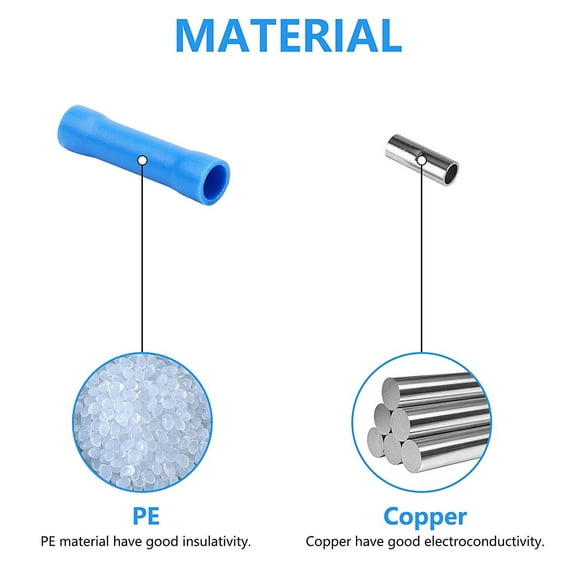 100Pcs Blue Butt Connectors, Butt Splice Crimp Connectors, (16-14) AWG Insulated