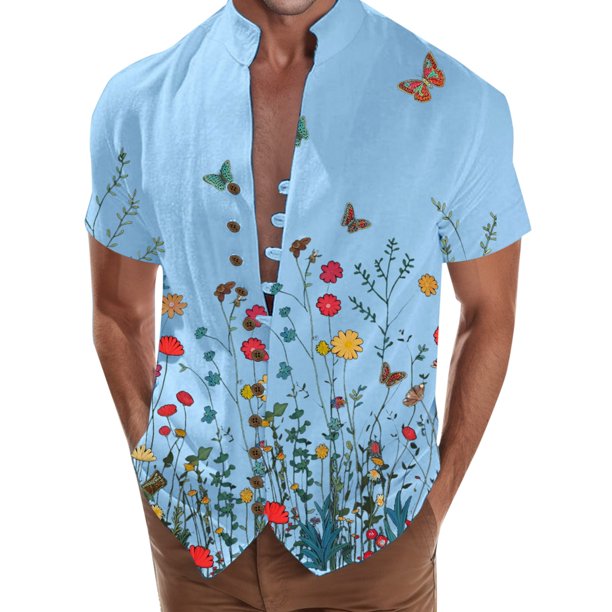 Camisas De Vestir Para Hombre Slim Fit Camisa de manga corta con solapa y hebilla de bolsillo con impresión digital 3D para hombre (Blue, L)