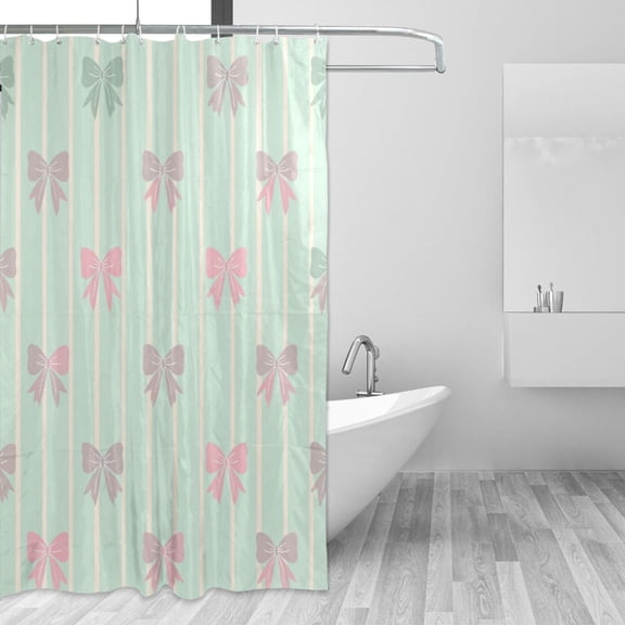 Mint Green Stripes Gradient Colored Bows Shower Curtains with 12 Hooks Waterproof Bathroom Decor 66" x 72"
