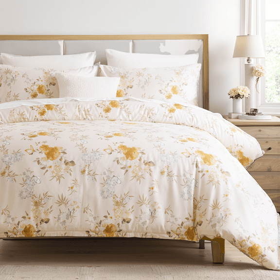 100% Cotton Duvet Cover – Elegent Yellow Floral Duvet Cover Set with Zipper Closure & Corner Ties, 3-Piece Luxury & Silky Soft Bedding Set for All Seasons