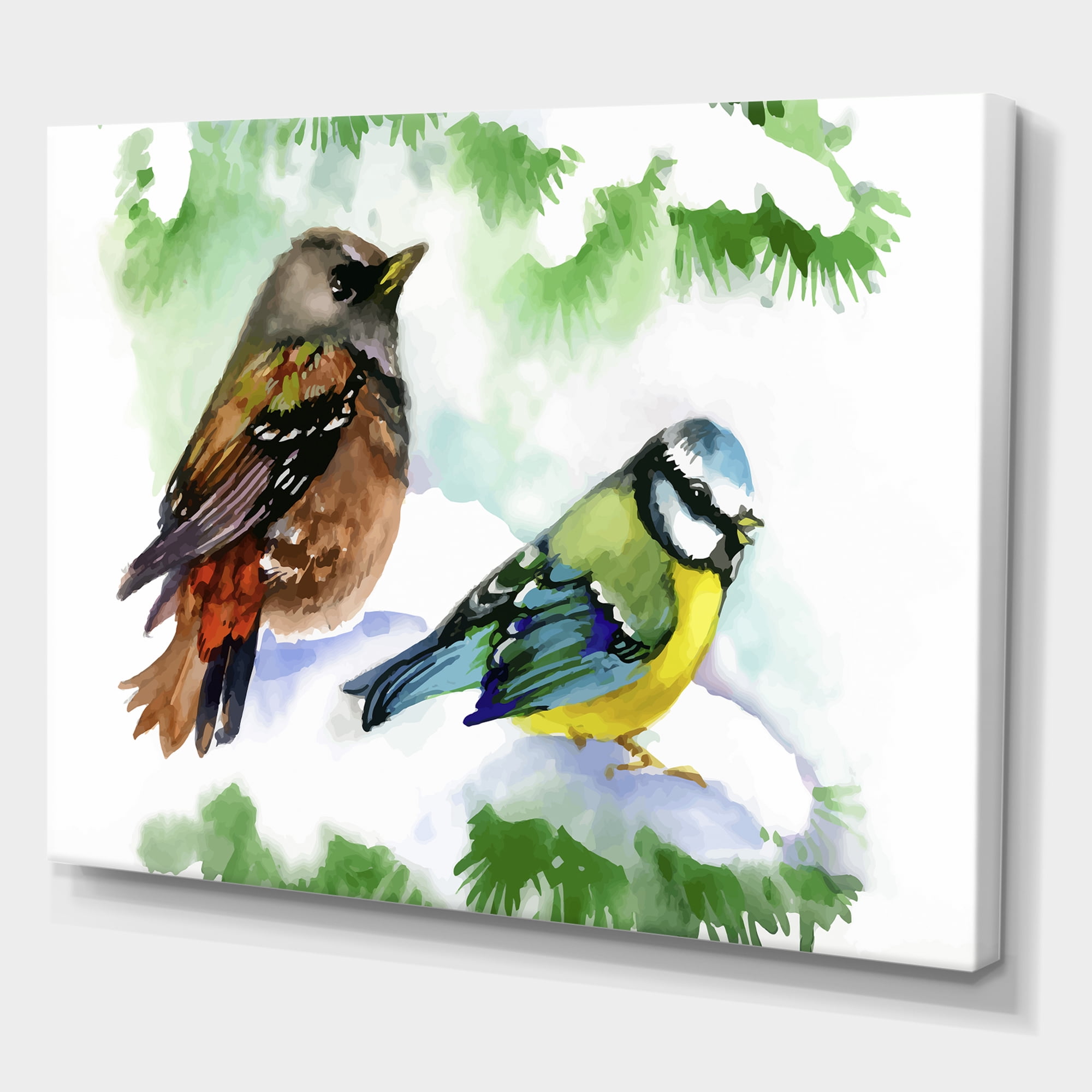 Designart ' Forest Birds Sitting On Snowy Fir Tree Branch ' Traditional Canvas Wall Art Print