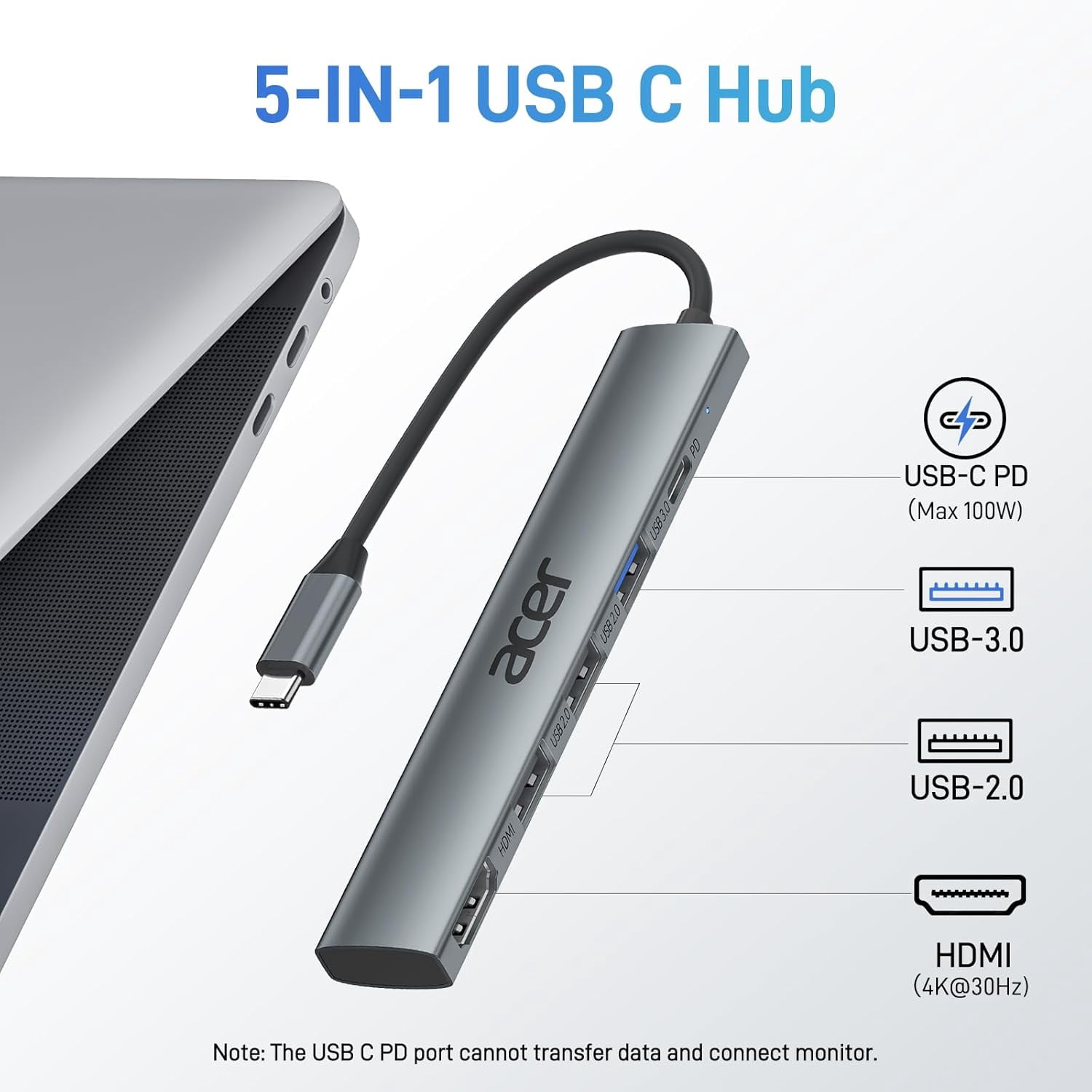 5 in 1 USB C Hub with 4K HDMI, 100W Power Delivery, 3 A Data Ports, to HDMI Multiport Adapter for Laptop, PC, Tablet, MacBook Air, iPad iMac, iPhone 15/16 Pro/Pro Max