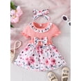 thumbnail image 2 of Baby Girls Cute Casual Ruffled Stitching Flower Ribbed Dress & Bow Headband Set For Summer Holiday, 2 of 5