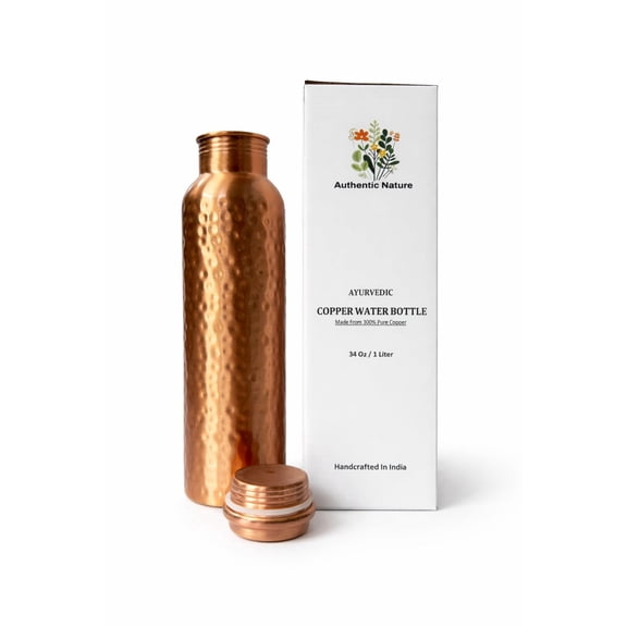 Authentic Nature Ayurvedic Copper Water Bottle, Pure Copper, 1 Litre/34 Oz, Hammered Design, Handcrafted in India