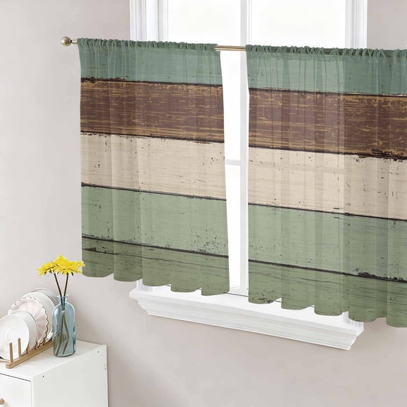 Sheer Curtains 54 Inches Long, Green Brown Light Filtering Window Curtains for Living Room/Bedroom, Country Wood Grain Abstract Stripe Rod Pocket Voile Sheer Curtain Drapes, 52"W x 54"L, 2 Panels