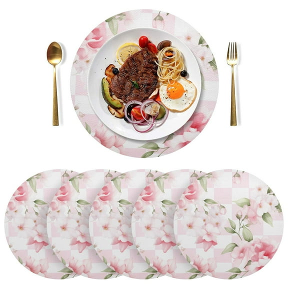 Pink Flowers Grids Black Round Placemats Plate Mats 15 Inch Non-Slip Heat Resistant Washable PVC Set Indoor for Kitchen Dining Table 1PC