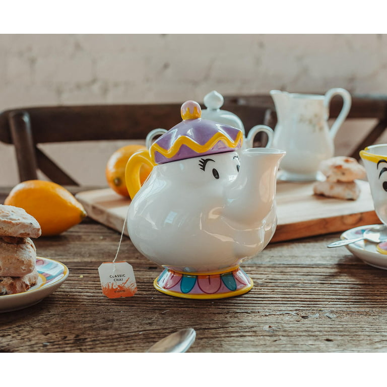 Disney Beauty and The Beast Mrs. Potts Teapot Set with 2 Chip Cups and Saucers