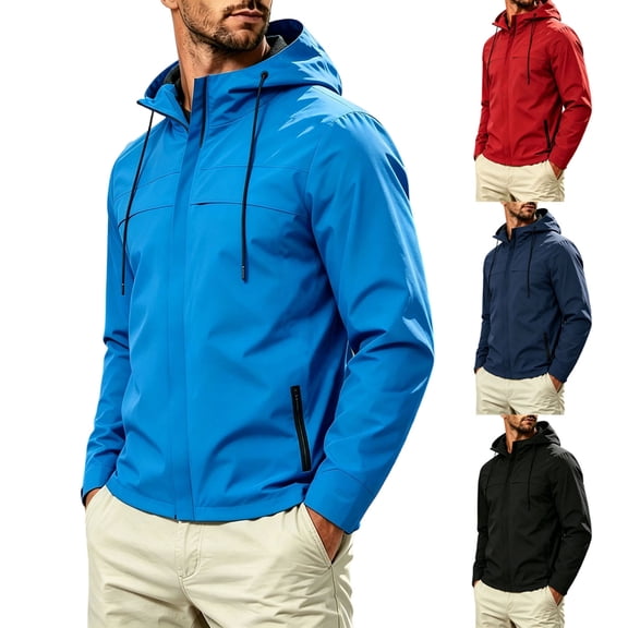 Winter Jacket for Men Windproof Long Sleeve Hooded Solid Color Outdoor Sport Rain Jacket Winter Warm Lightweight Mountaineering Cycling Work Coat