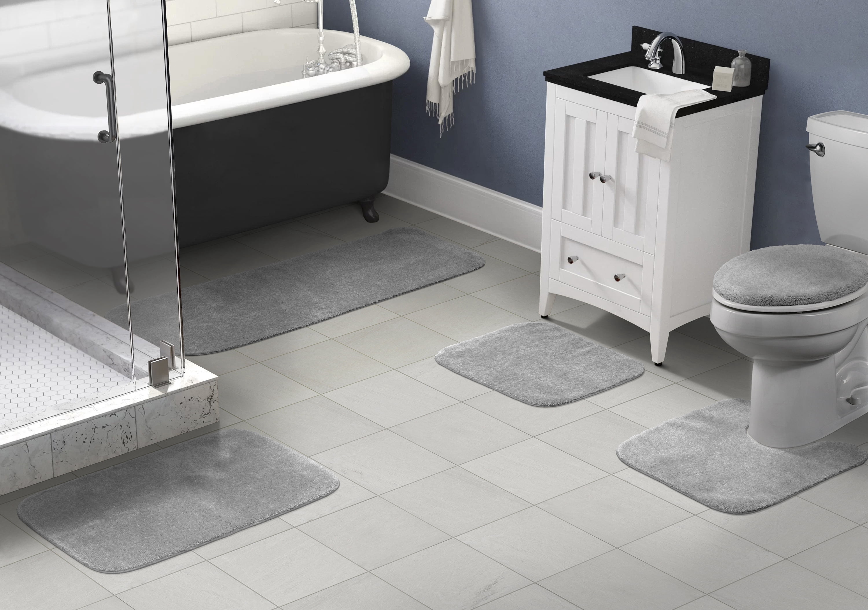 Garland Rug Traditional Washable Bath Rug Set, 5 Piece Set (2 Bath Rugs, Contour, Lid, & Runner) Platinum Gray