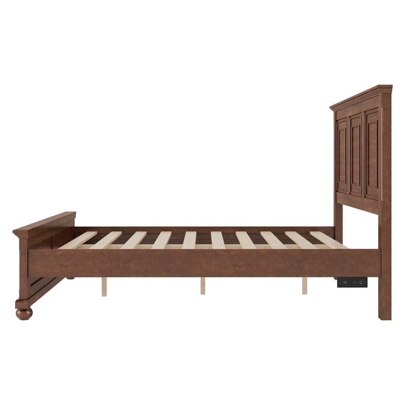 Vintage Style Queen Size Bed Frame with Tall Headboard & Ball-Shaped Legs, Wooden Platform Bed Frame with Charging Station