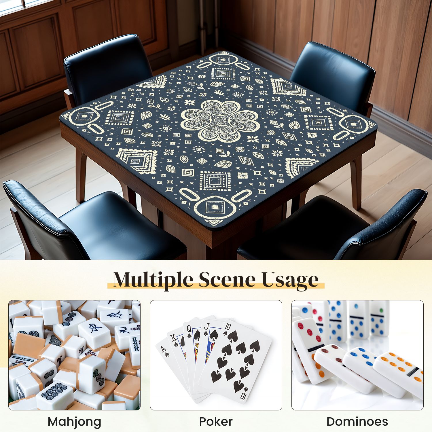 Mahjong Mat 31.5" x 31.5" Floral Geometric Ornate Swirls Leaves Dark Blue Anti-Slip and Noise Reduction Symmetry Design Mahjong Tiles Table Cover for Dominoes Poker Card Board and Tile Games