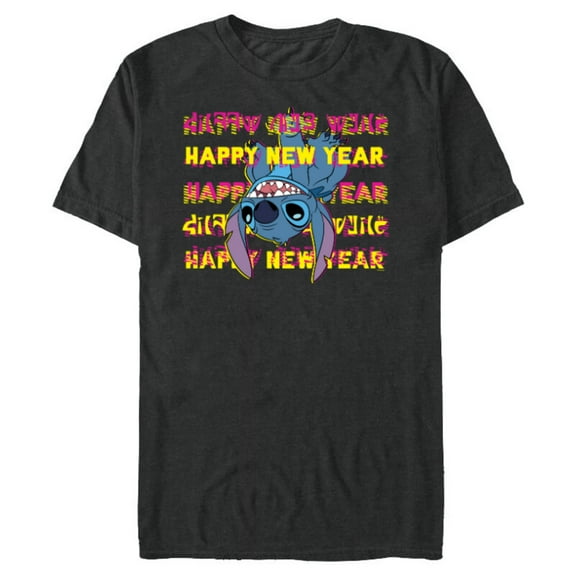 Disney Stitch Upside-Down Alien Language Happy New Year - Short Sleeve Blended T-Shirt for Adults - Customized-Dark Heather